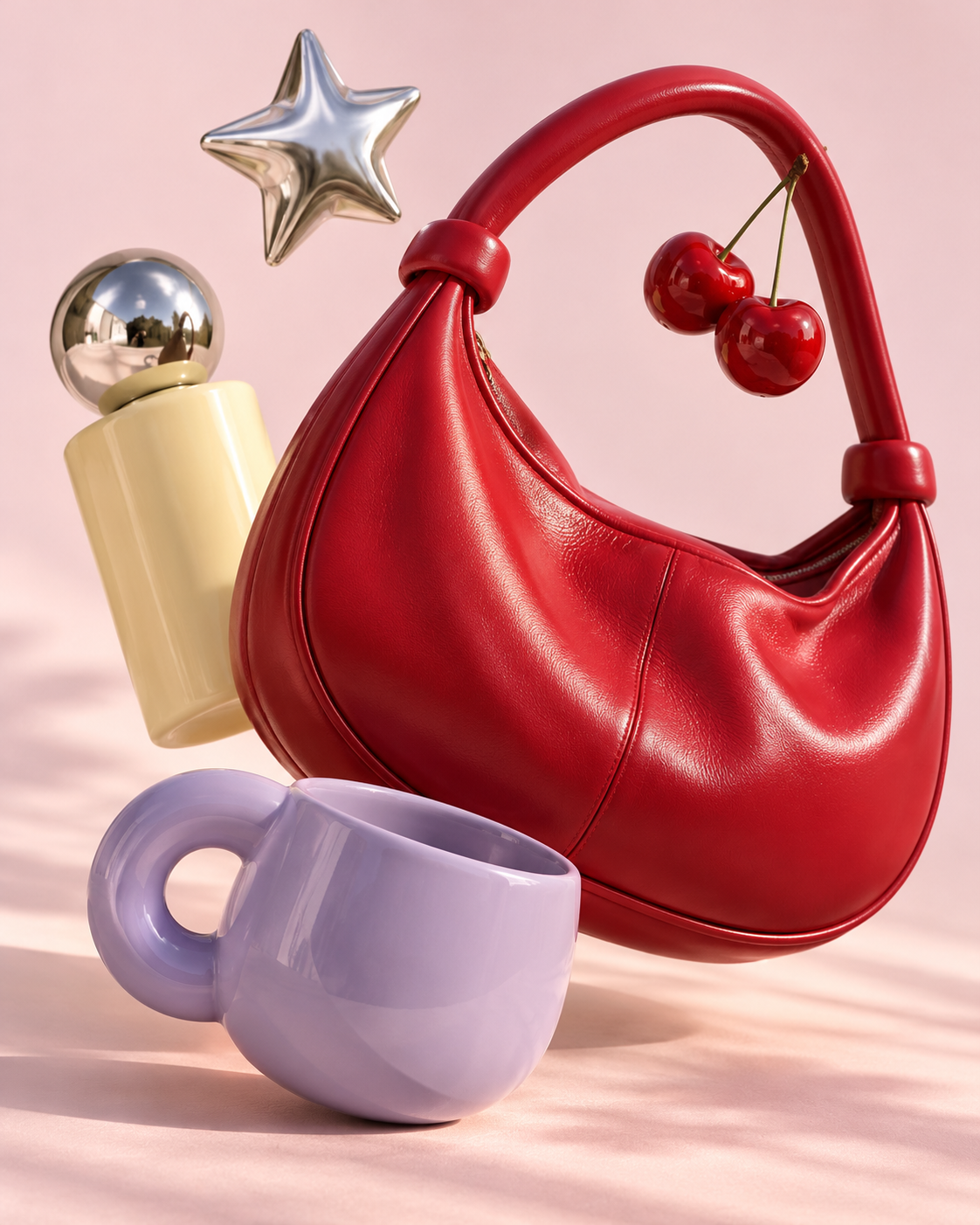 Composição editorial com bolsa cereja, xícara lavanda, cosmético amarelo e detalhes cromados.